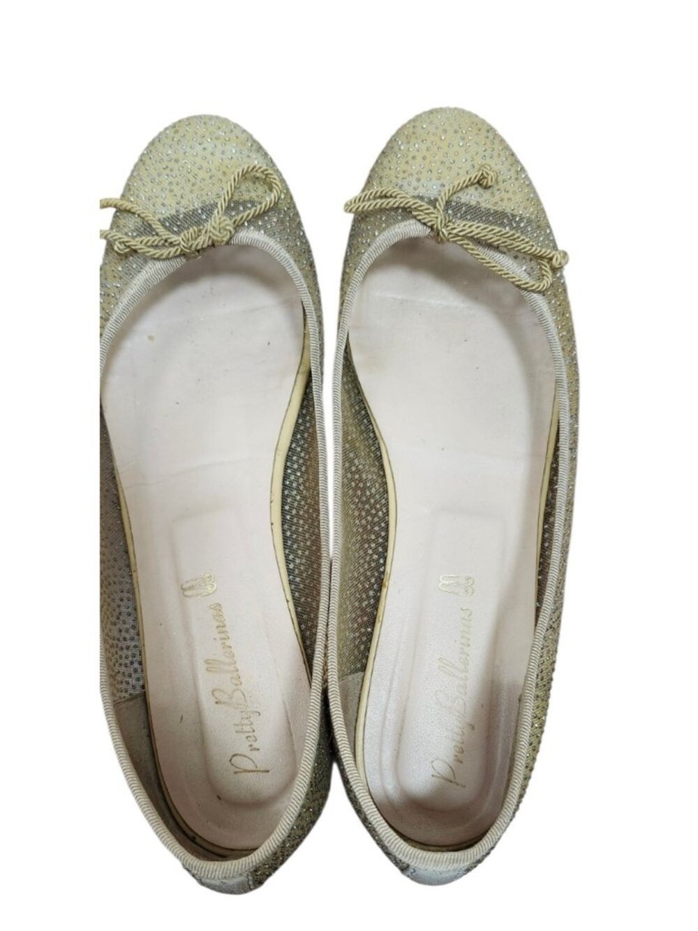 Pretty Ballerinas Size 40 Crystal Studded Ballet Flats Beige Gold Spain EU 40 - Picture 5 of 14